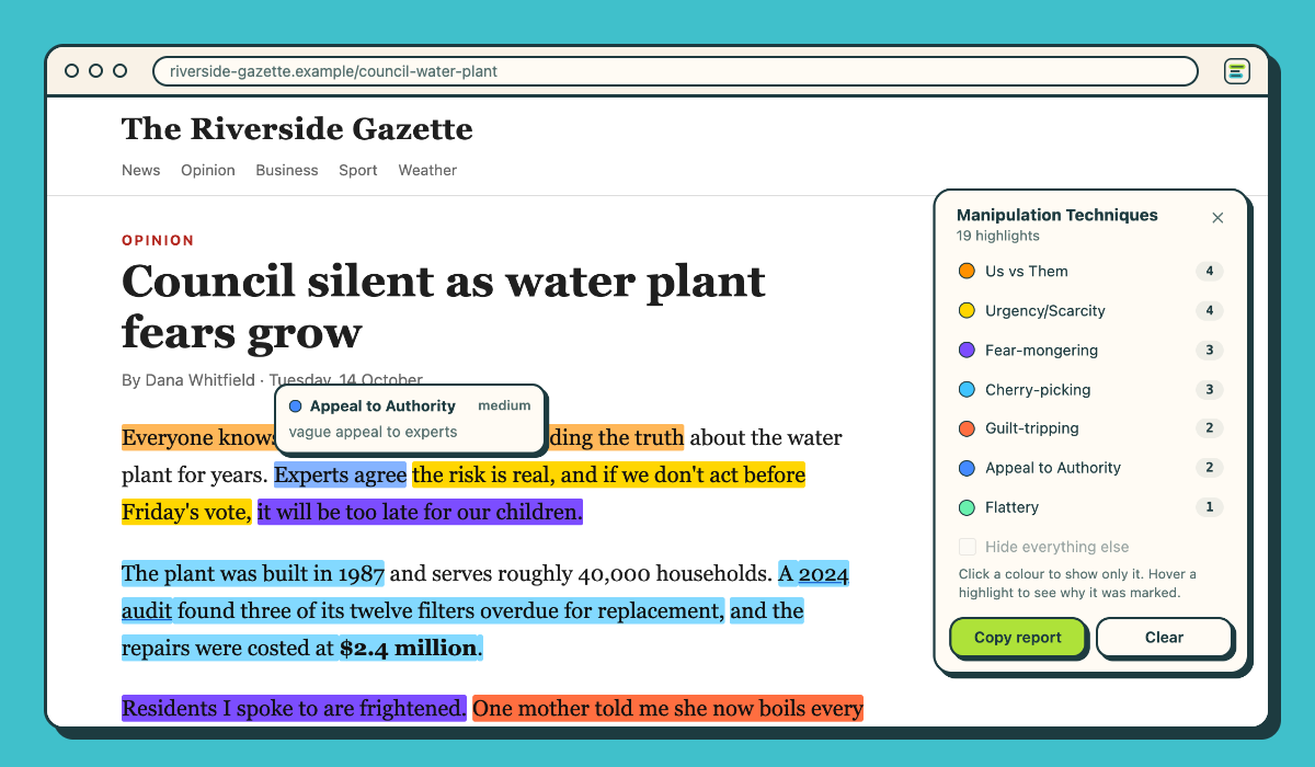 An opinion article in which Colorphrase has highlighted manipulation techniques — urgency, us vs them, fear-mongering, appeal to authority — with a legend counting each colour and a tooltip giving the reason for one highlight.